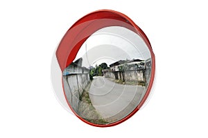 The traffic curve mirror, convex mirror on the road for safety isolated on white background with clipping path.