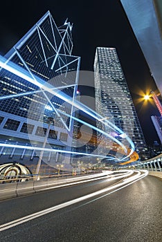 Traffic in downtown district of Hong Kong city at night