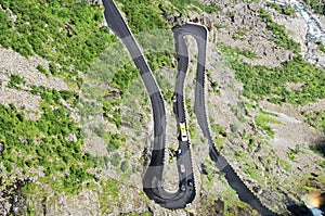 Traffic and hairpins on Trollstigen serpentine road