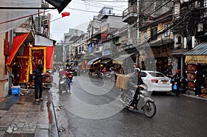 Traffic in Hanoi. Crowd of motorbike drivers on the street