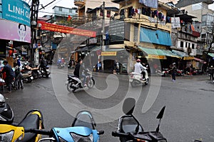 Traffic in Hanoi. Crowd of motorbike drivers on the street