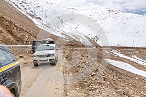 Traffic on a high mountain pass in the Himalayas