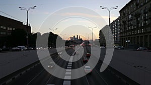 Traffic on the highway of big city (at night), Moscow, Russia