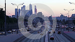 Traffic on the highway of big city at night, Moscow, Russia