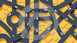 Traffic intersection from top view with cars. Concept vehicle with road and crossroad. Generic city map with signs of