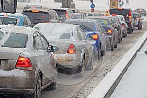 Traffic jam during blizzards