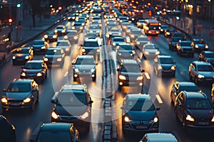 Traffic jam on a busy city street at twilight