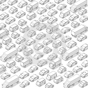 Traffic jam, car plug transport highway road. A lot of cars. Gray lines outline contour style. Background monochrome vector with