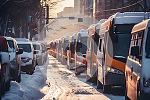Traffic jam of cars and buses buried on city streets
