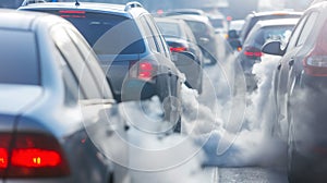 Traffic jam with cars emitting exhaust fumes, creating a smoggy and polluted atmosphere on a congested urban road photo
