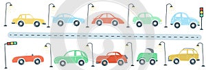Traffic jam from cars flat simple cartoon style hand drawing. vector illustration