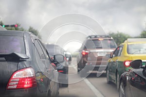 Traffic jam of cars, smog pollution on the road, blur picture