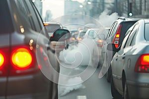 traffic jam on city road, focus on exhaust fumes