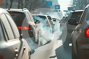 traffic jam on city road, focus on exhaust fumes