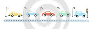 Traffic jam from cars flat simple cartoon style hand drawing. vector illustration