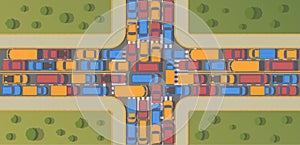 Traffic jam on crossroad. Large congestion of cars. Top view flat illustration.