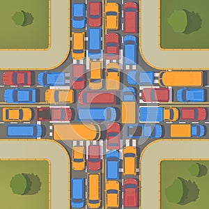 Traffic jam on crossroad. Large congestion of cars. Top view flat illustration.