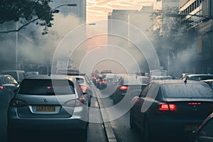 Traffic jam in downtown Los Angeles, California, United States, car stuck in traffic with visible exhaust fumes, air pollution, AI