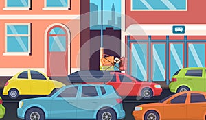 Traffic jam in downtown. Morning road problems, cars on city street. People driving to office vector illustration