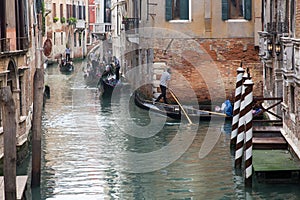 Traffic jam for gondolas in Venice, Italy