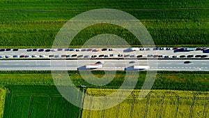 Traffic jam on highway A4 in Poland, aerial view