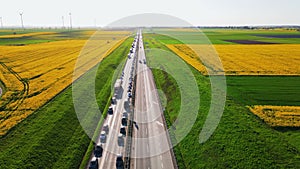 Traffic jam on highway A4 in Poland, aerial view