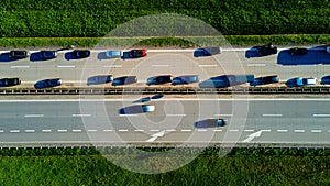 Traffic jam on highway A4 in Poland, aerial view