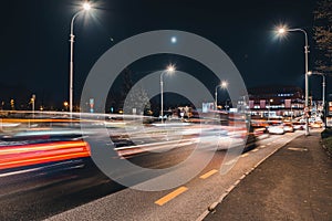 Traffic jam lights during the night in a crowded city