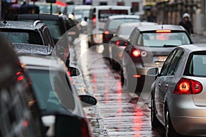 Traffic jam in the rainy city