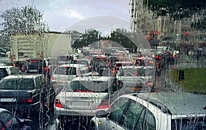 Traffic jam on rainy day in Paris.