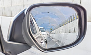 Traffic jam through right side rearview mirror