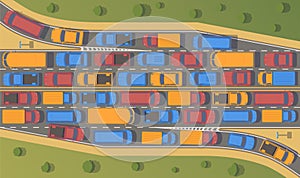 Traffic jam on road junction. Large congestion of cars. Top view flat illustration