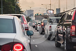 traffic jam with row of cars on toll way