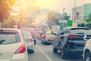 traffic jam with rows of cars during rush hour on road