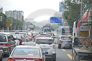 Traffic jam at rush hour on a busy street of Shenzhen, China