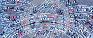 Traffic jam in the rush hour. Cars at the traffic junction. Overpopulation concept. 3d render