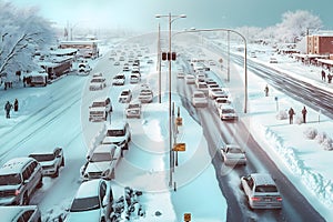 traffic jam in a snow storm. Neural network AI generated