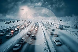 traffic jam in a snow storm. Neural network AI generated