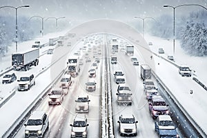 traffic jam in a snow storm. Neural network AI generated