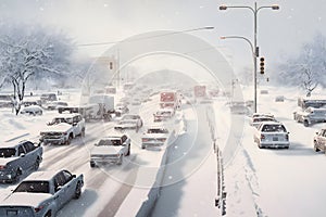 traffic jam in a snow storm. Neural network AI generated