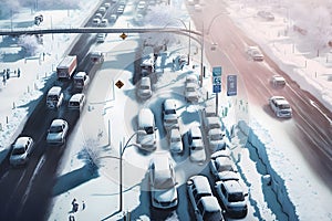 traffic jam in a snow storm. Neural network AI generated