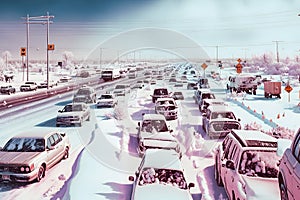 traffic jam in a snow storm. Neural network AI generated