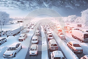 traffic jam in a snow storm. Neural network AI generated