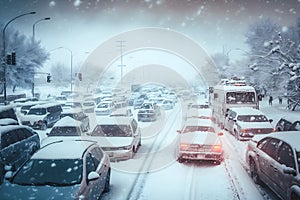 traffic jam in a snow storm. Neural network AI generated