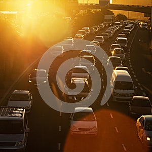 Traffic jam, sunset and highway with cars in road for transportation, rush hour and travel. Journey, automobile and