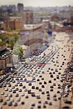 Traffic jam with tilt-shift effect