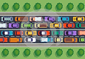 Traffic jam top view. Many cars on highway, different vehicles from above. Auto vector infographic