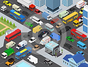Traffic Jams on a City Landscape Background Scene Concept 3d Isometric View. Vector