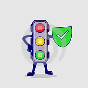 Traffic light cartoon with safety shield sign board