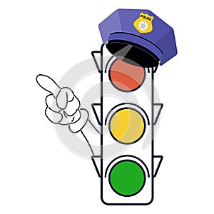 Traffic light, cartoon traffic light in a police cap and with a hand showing the direction. Traffic light cartoon